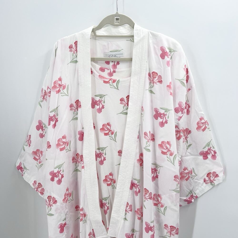 Vintage CRABTREE & EVELYN Long Nightgown Kimono Robe White Pink Floral Medium - Picture 3 of 9